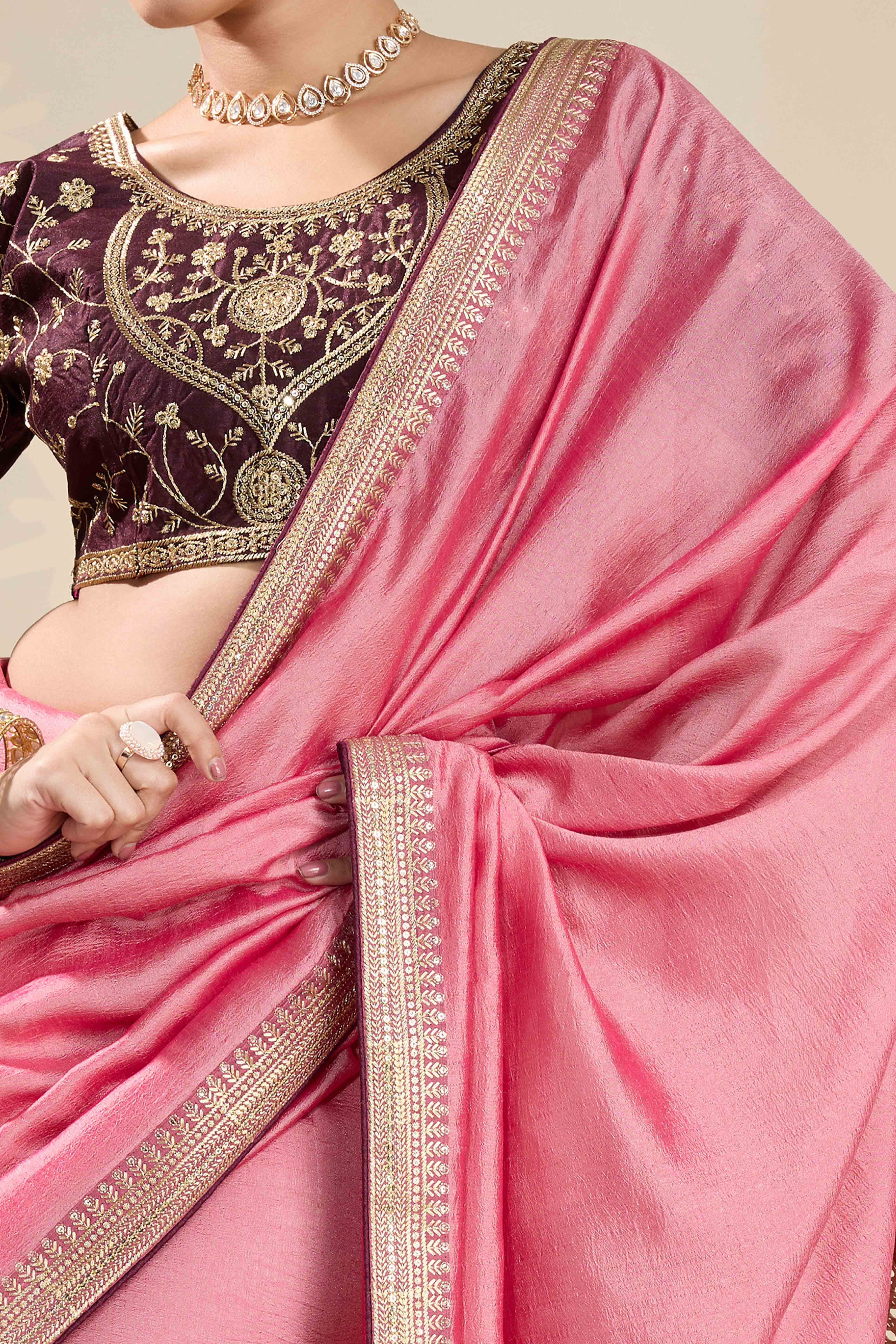 Graceful Vichitra Silk Saree in Baby Pink with Embroidered Bordering