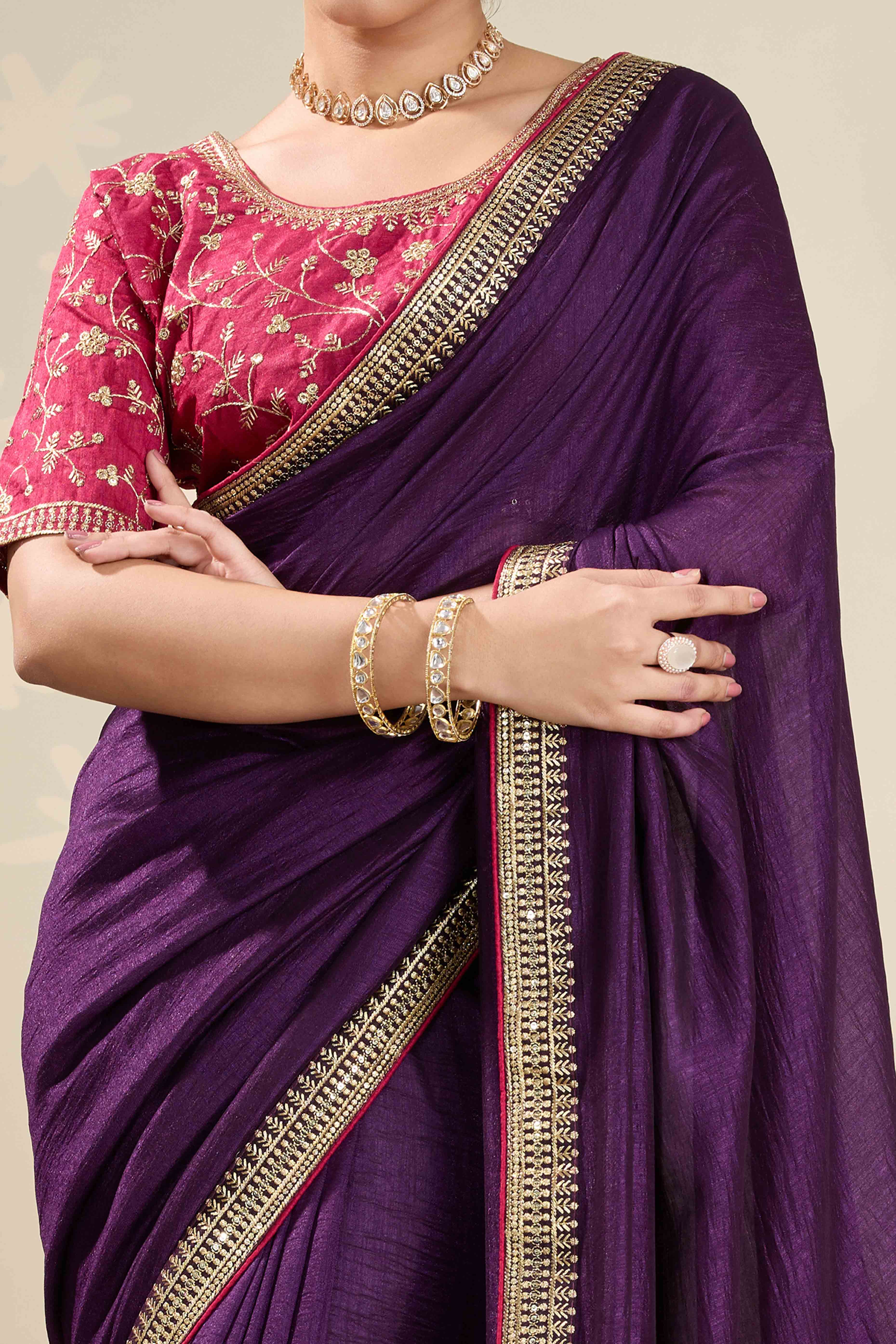 Graceful Vichitra Silk Saree in Purple with Embroidered Bordering