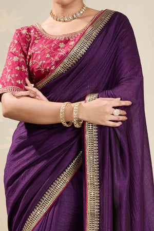 Graceful Vichitra Silk Saree in Purple with Embroidered Bordering