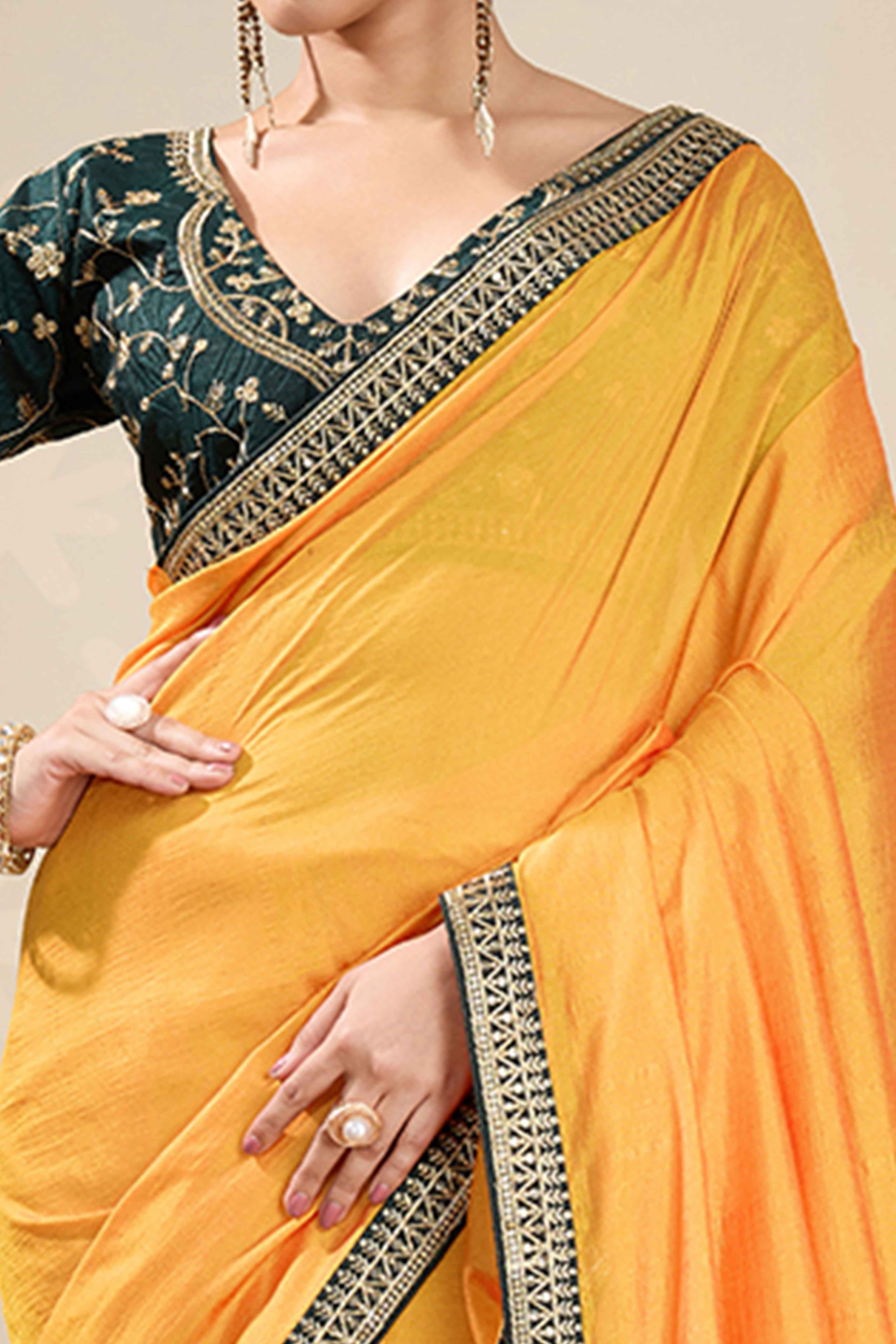 Graceful Vichitra Silk Saree in Yellow with Embroidered Bordering
