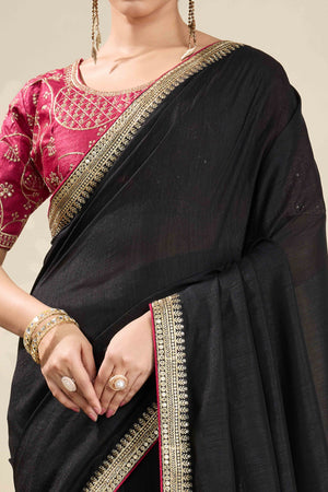 Graceful Vichitra Silk Saree in Black with Embroidered Bordering