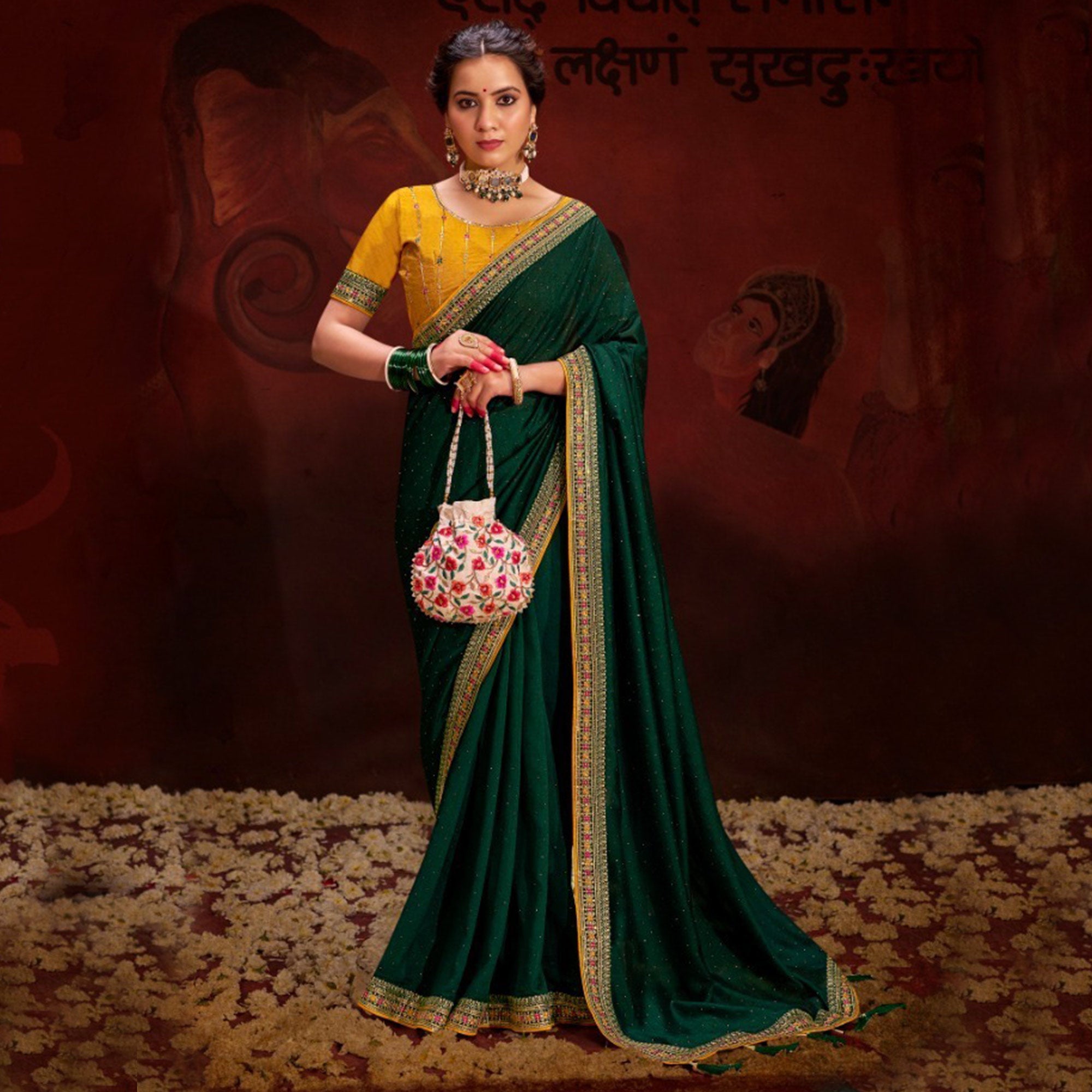 Dark Green Embroidered Vichitra Silk Saree With Tassels