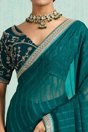 Teal Chiffon Saree With Elegant Stripes & Sequins Embroidered Border