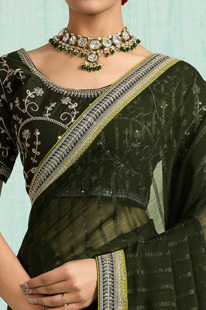 Mehandi Green Chiffon Saree With Elegant Stripes & Sequins Embroidered Border