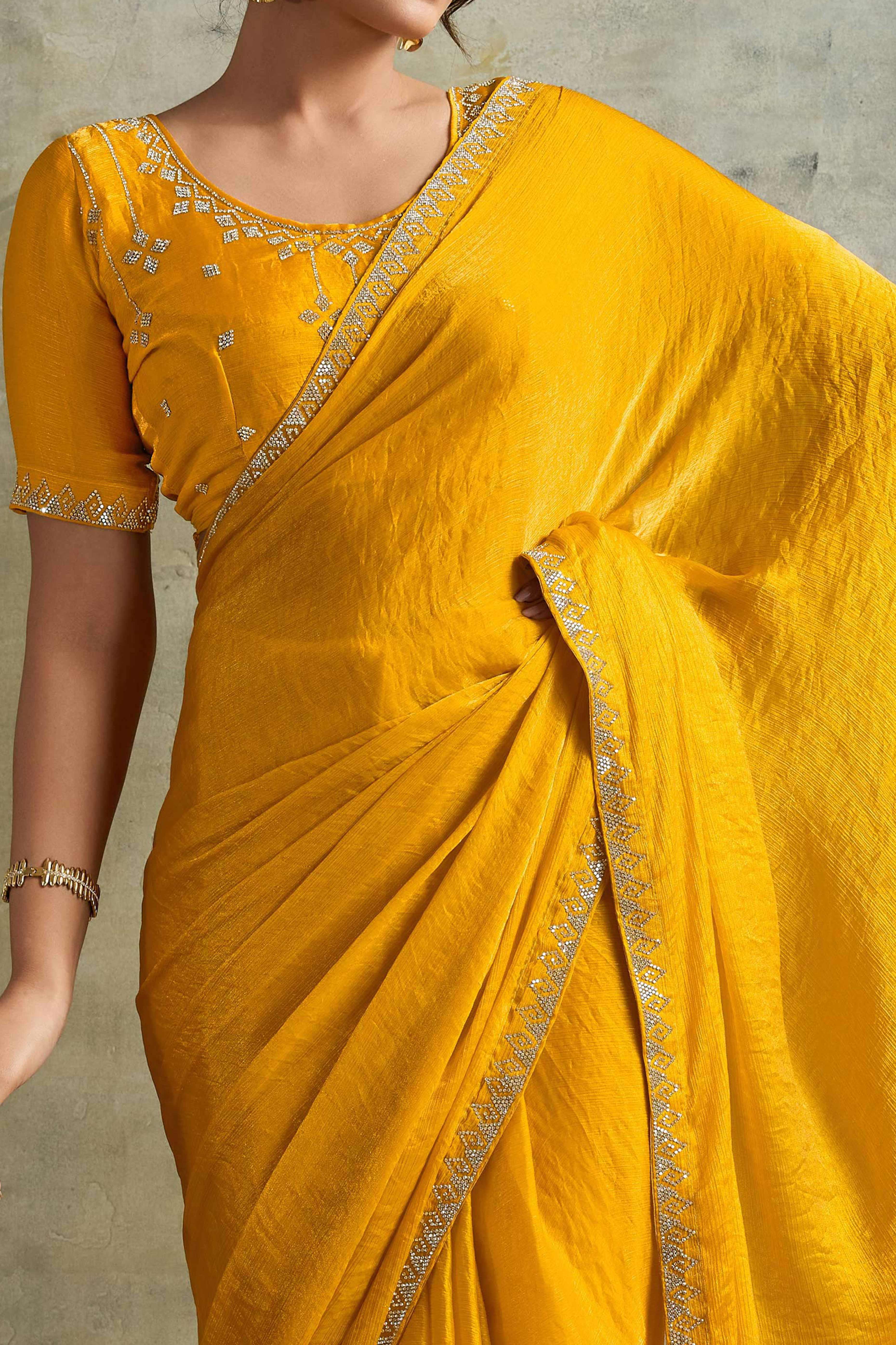 Mustard Solid Chiffon Saree With Sparkling Zarkan Border & Latkan Pallu
