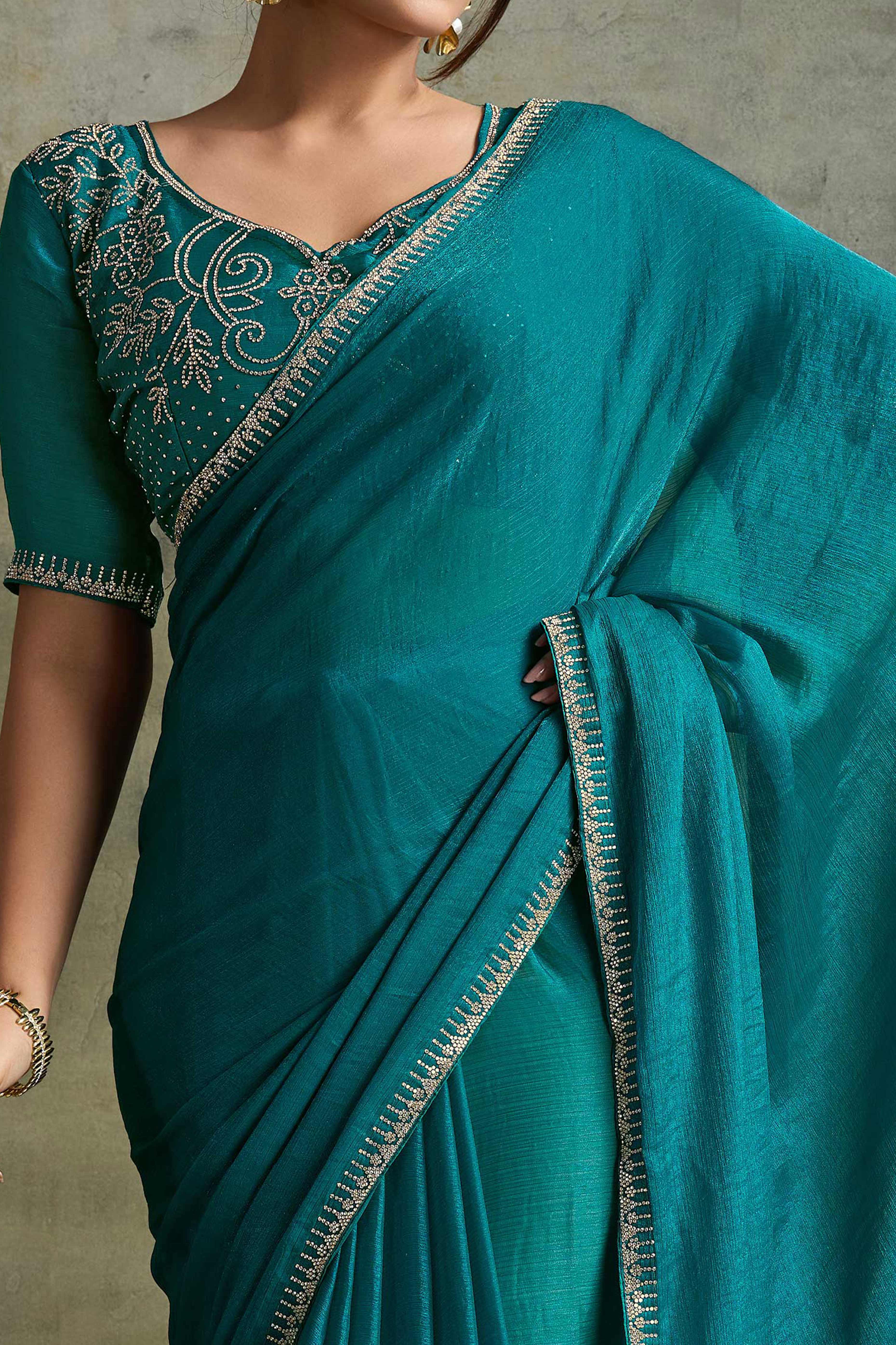 Teal Solid Chiffon Saree With Sparkling Zarkan Border & Latkan Pallu