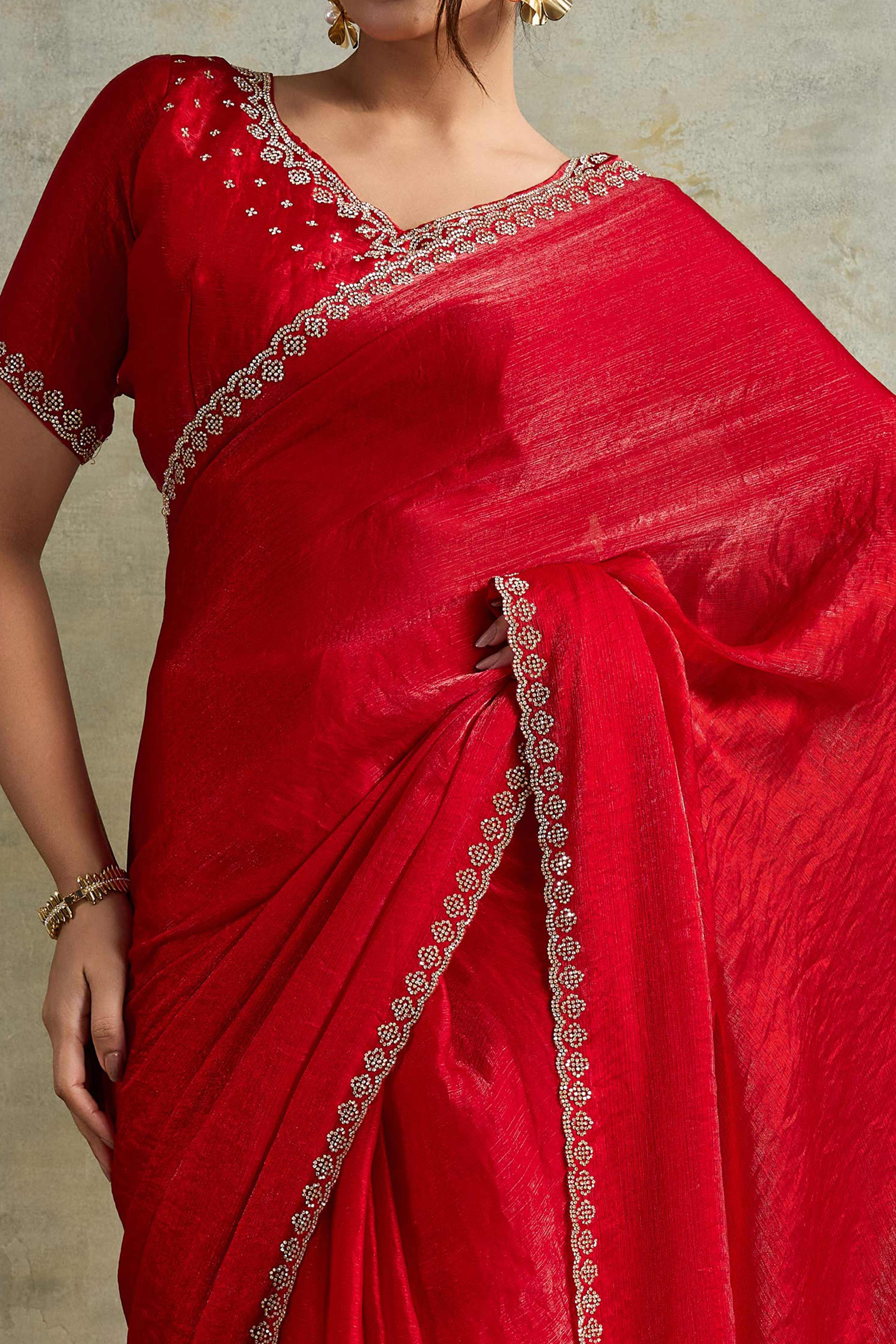 Red Solid Chiffon Saree With Sparkling Zarkan Border & Latkan Pallu