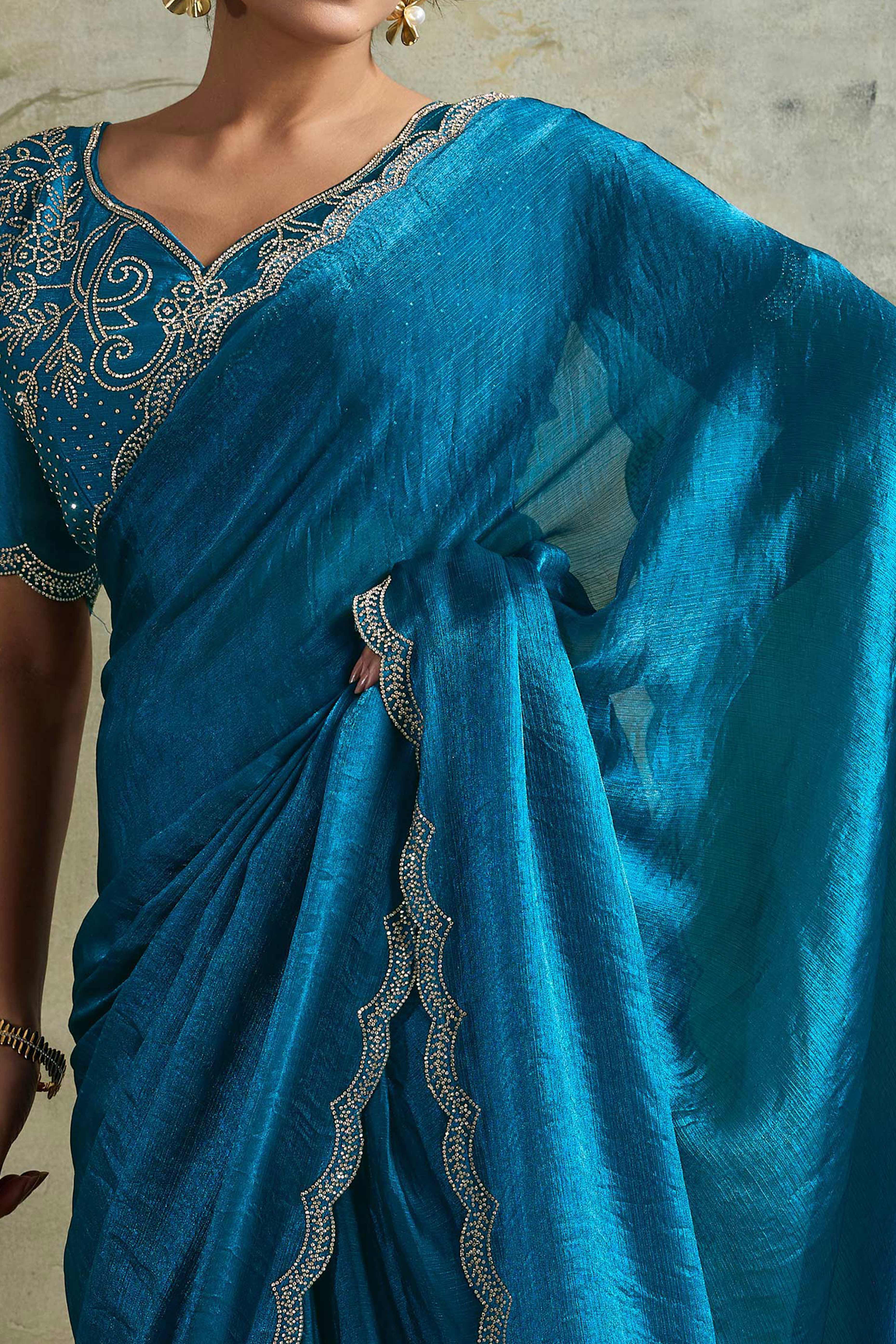 Blue Solid Chiffon Saree With Sparkling Zarkan Border & Latkan Pallu