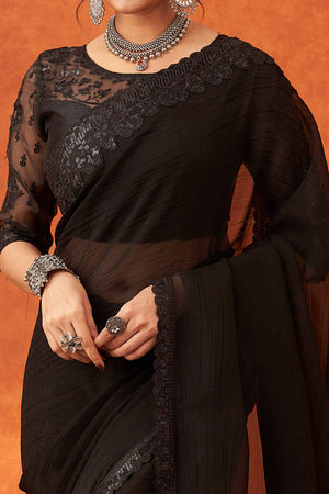Black Embroidered Crunchy Soft Net Saree With Embellished Border