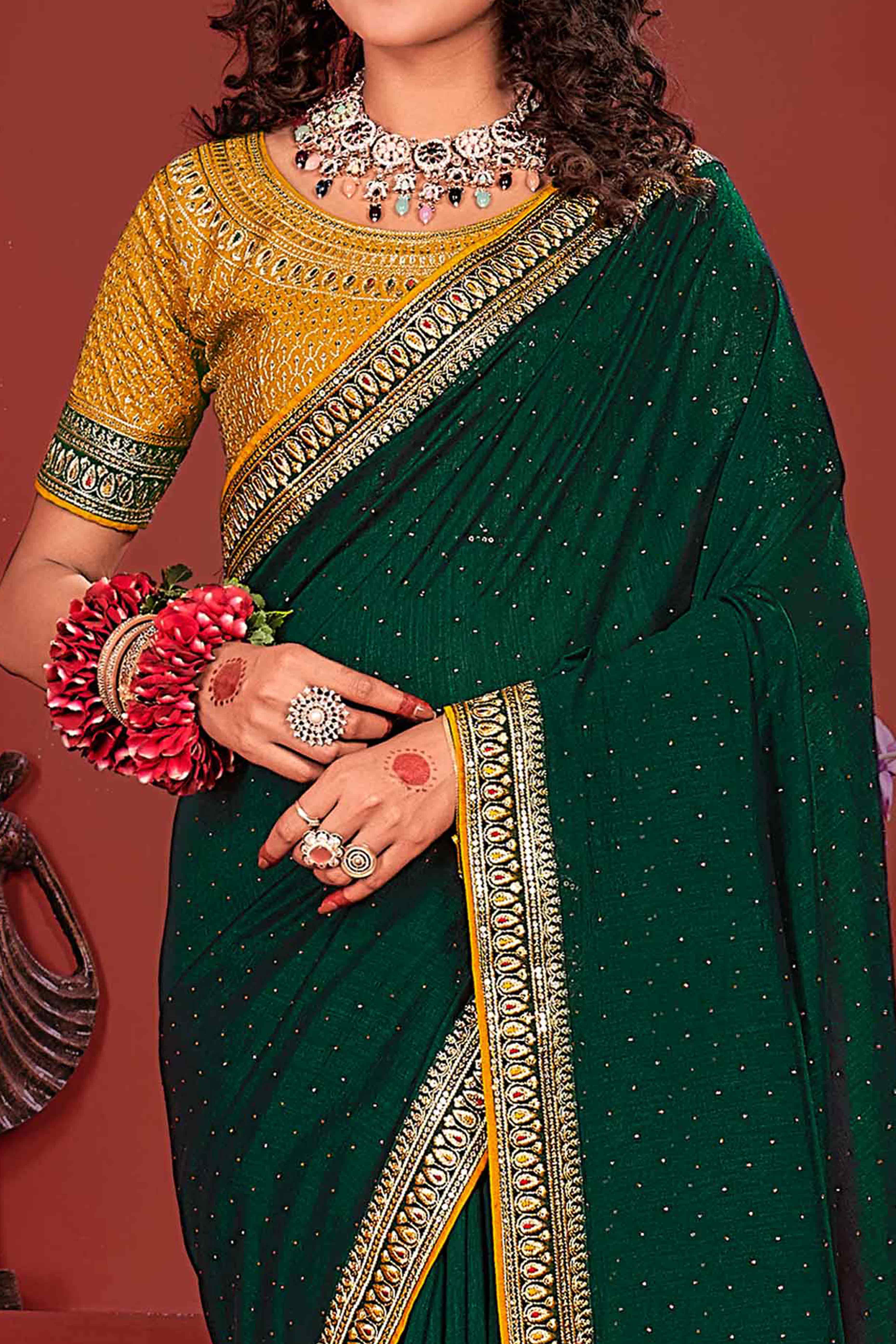 Dark Green Swarovski Work Embroidered Vichitra Silk Saree