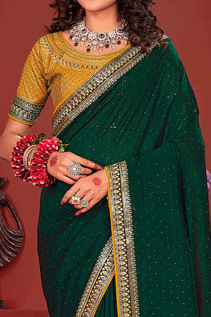 Dark Green Swarovski Work Embroidered Vichitra Silk Saree