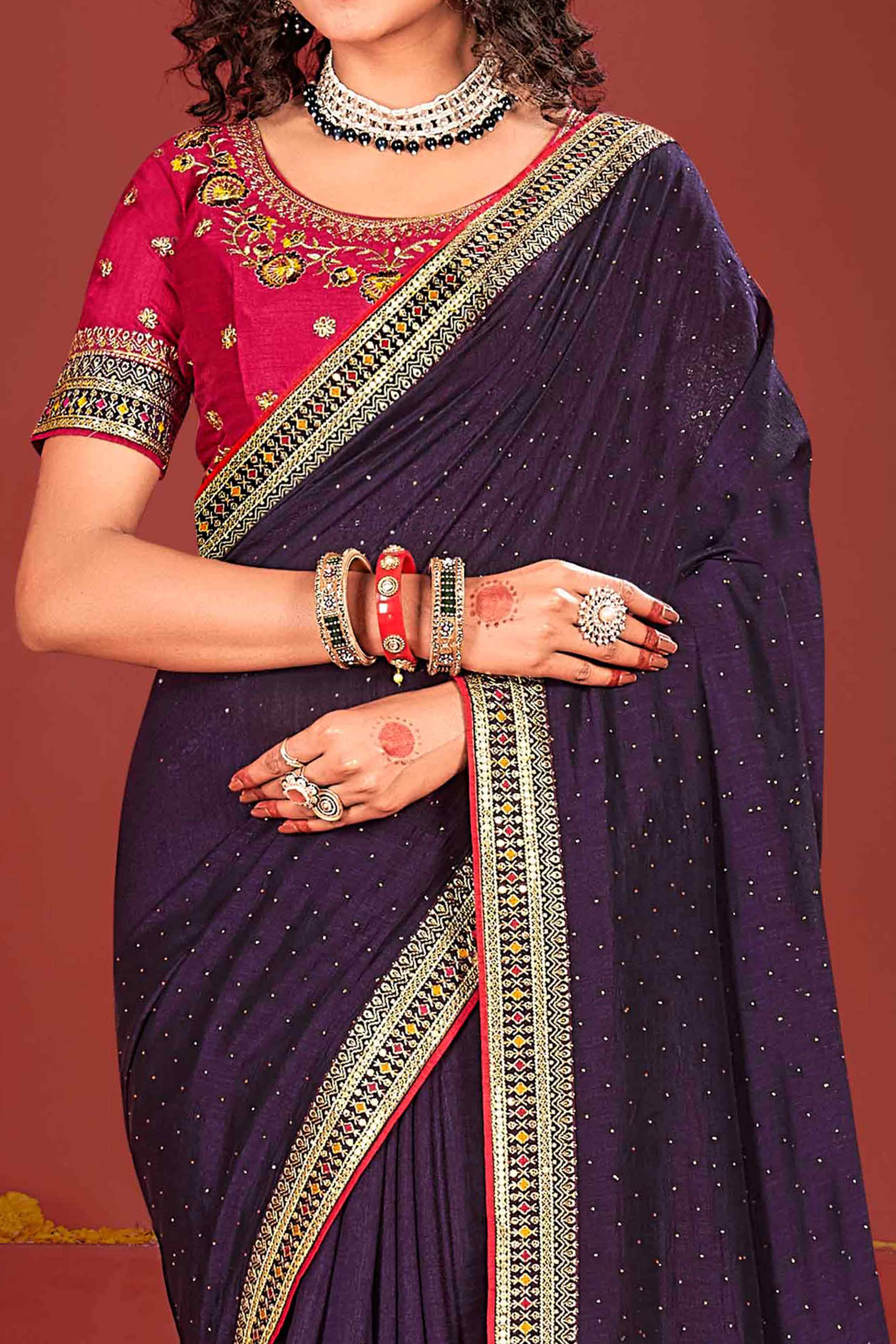 Wine Swarovski Work Embroidered Vichitra Silk Saree