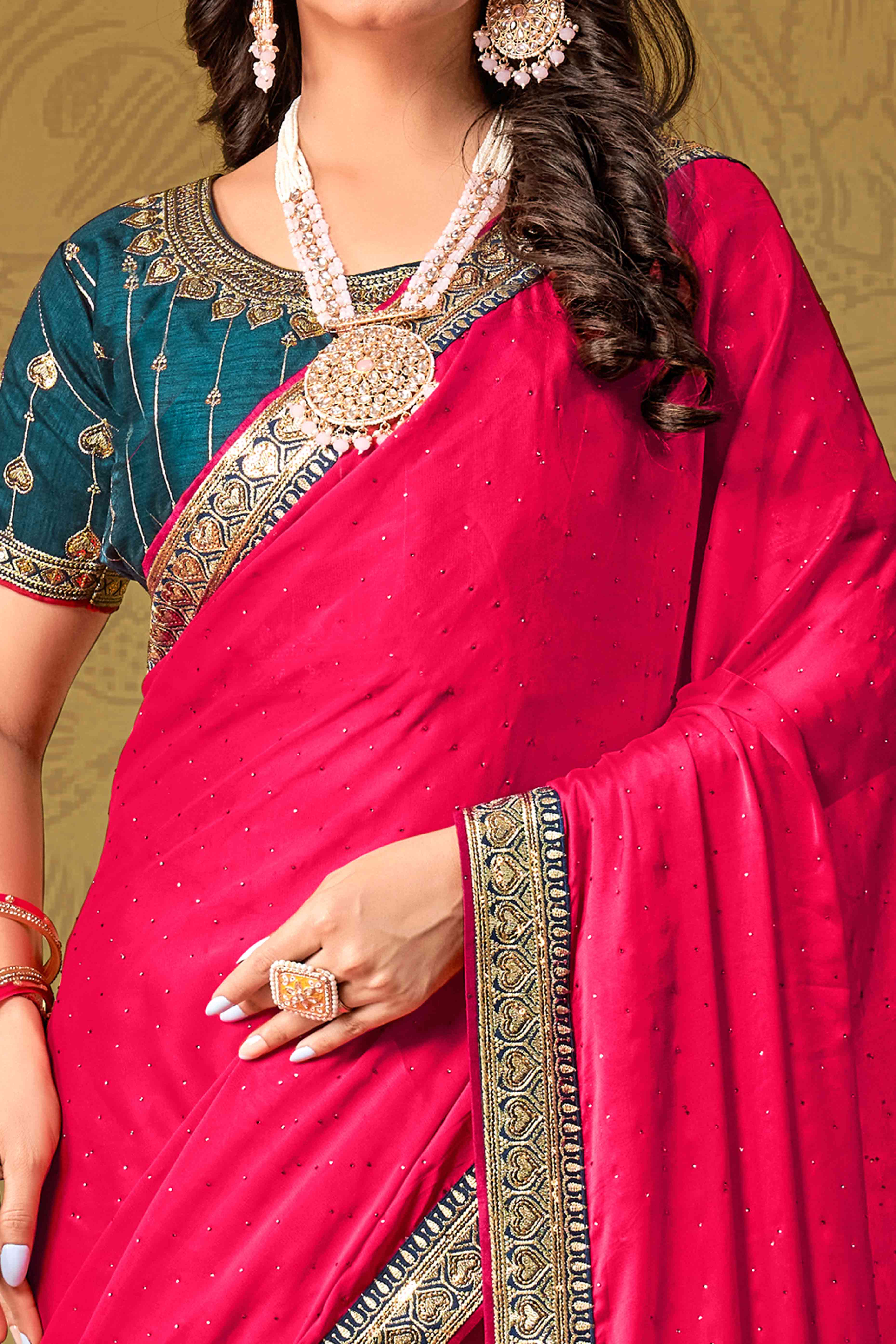 Pink Swarovski Work Satin Saree With Designer Border