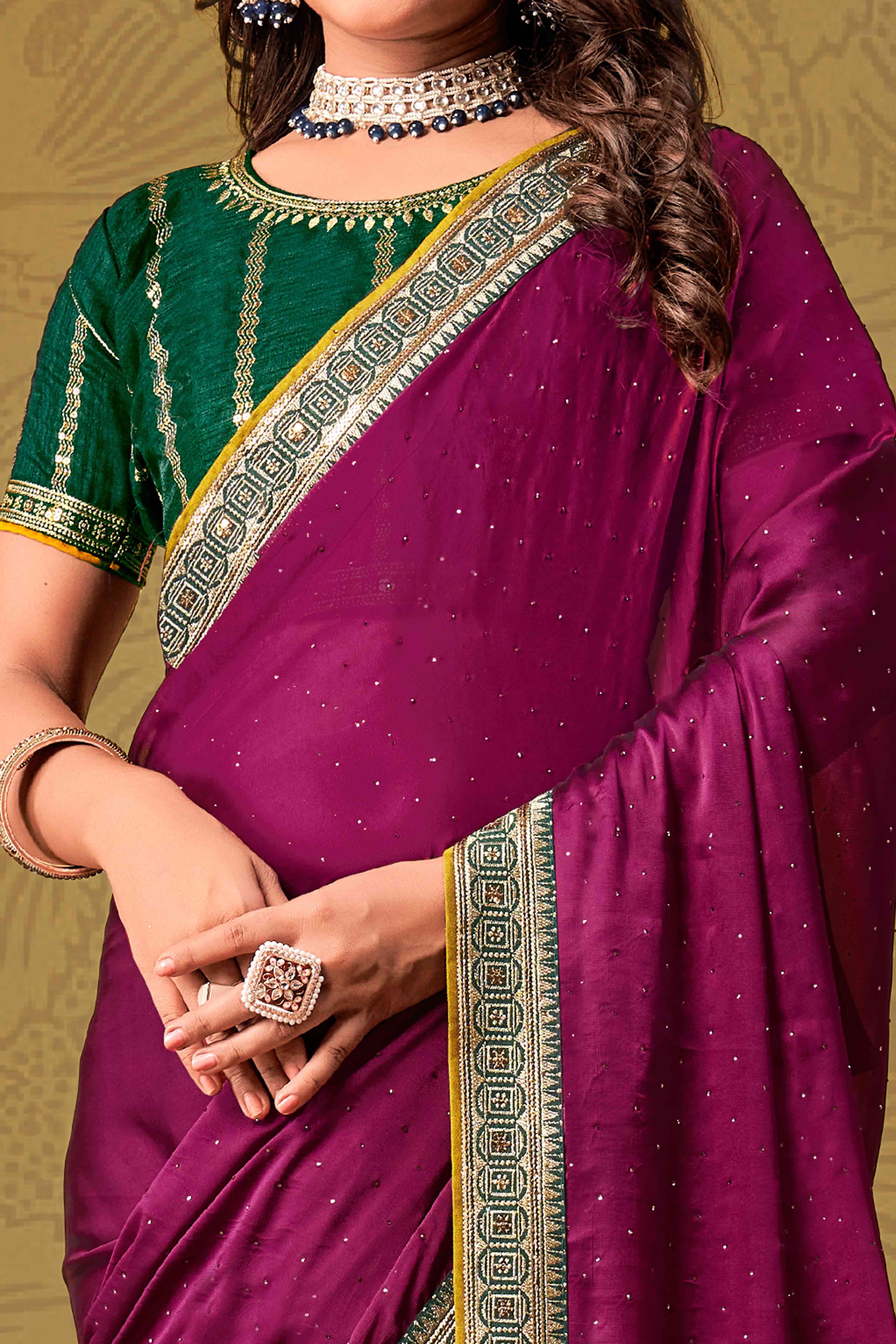 Magenta Swarovski Work Satin Saree With Designer Border