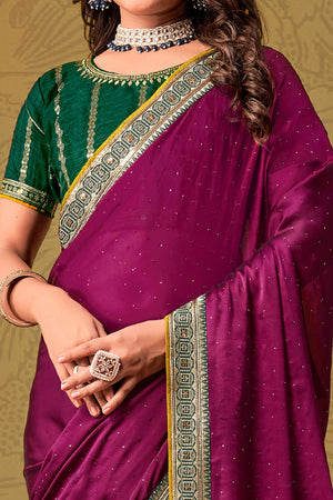Magenta Swarovski Work Satin Saree With Designer Border