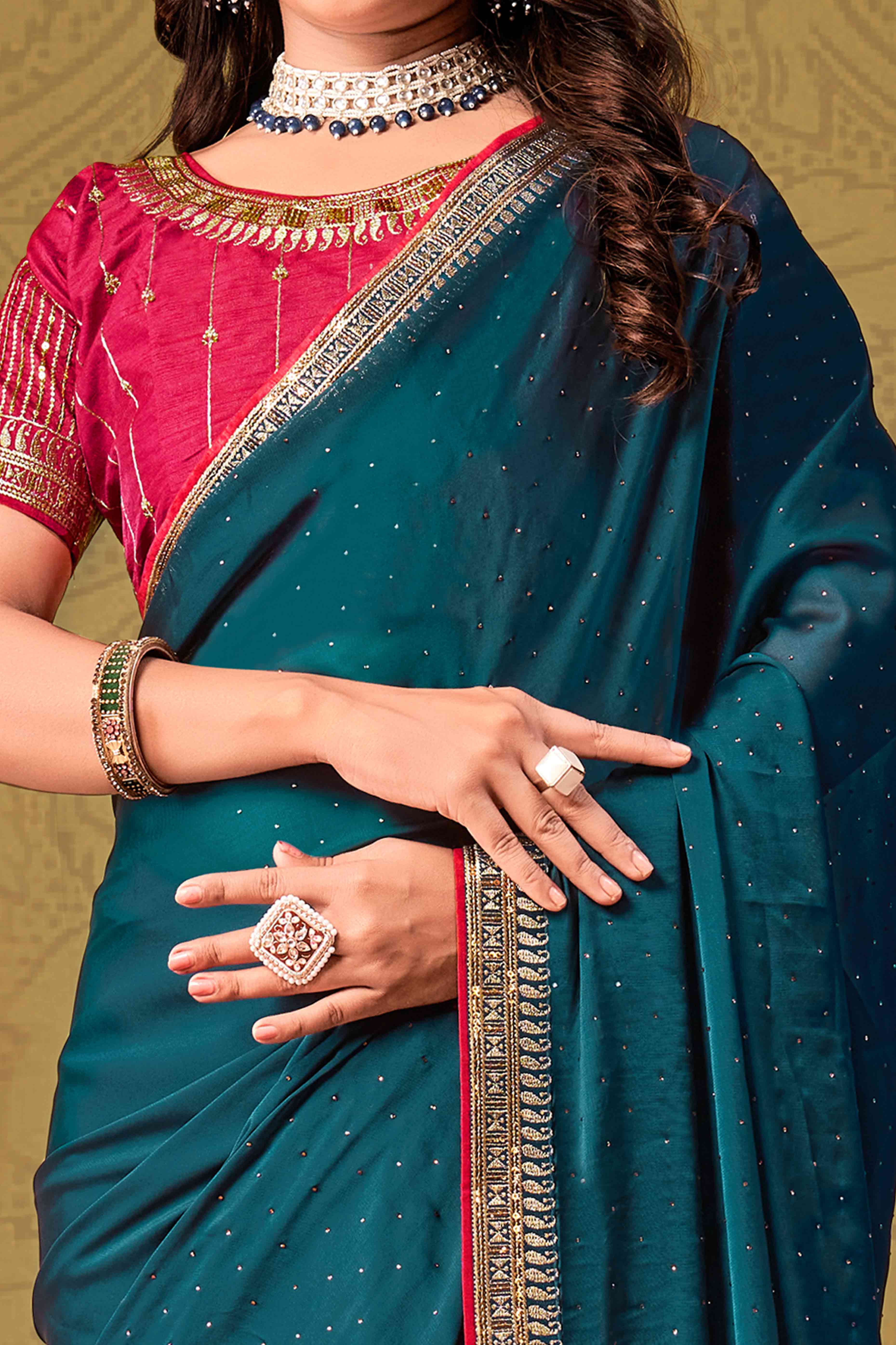 Teal Swarovski Work Satin Saree With Designer Border