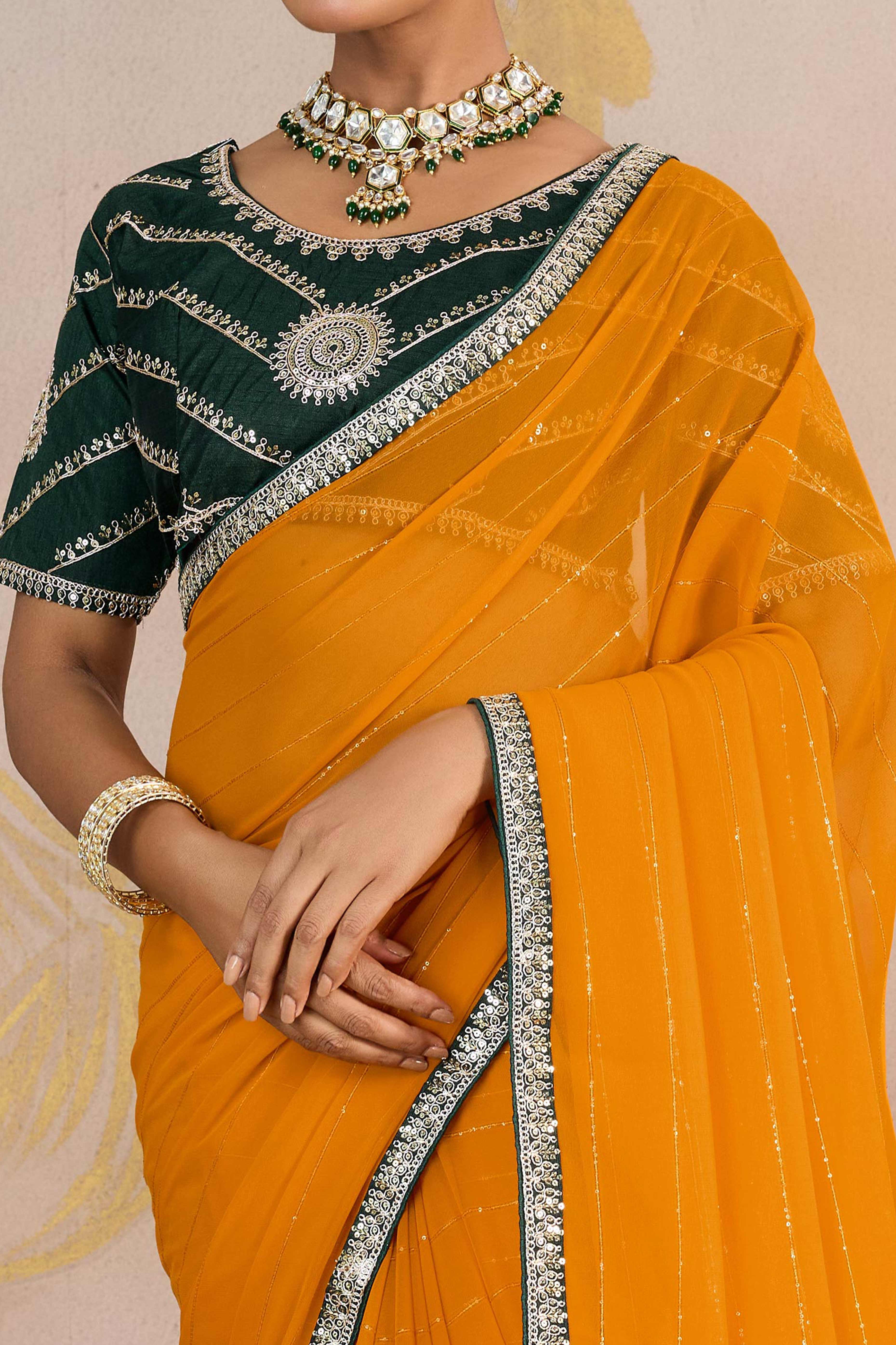 Mustard Zari Embroidered Georgette Saree Accented With Sequins