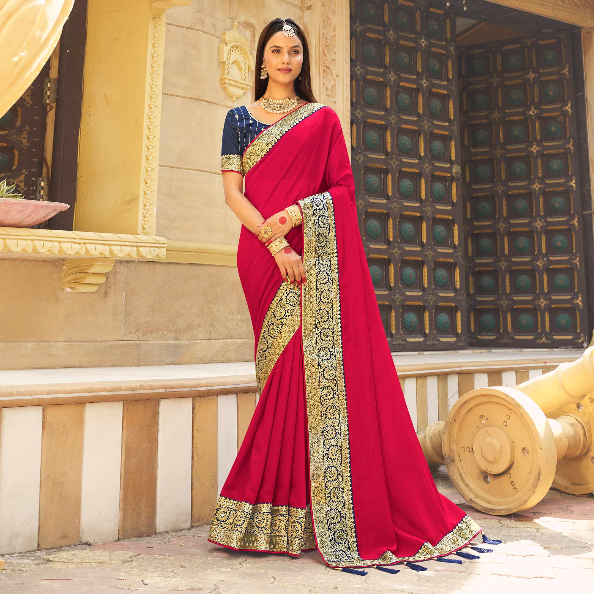 Rani Pink Solid With Embroidered Border Vichitra Silk Saree