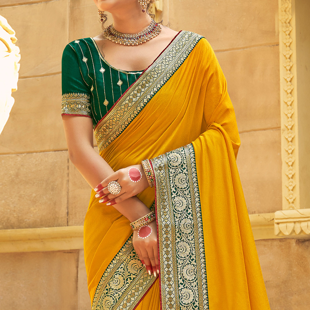 Mustard Solid With Embroidered Border Vichitra Silk Saree