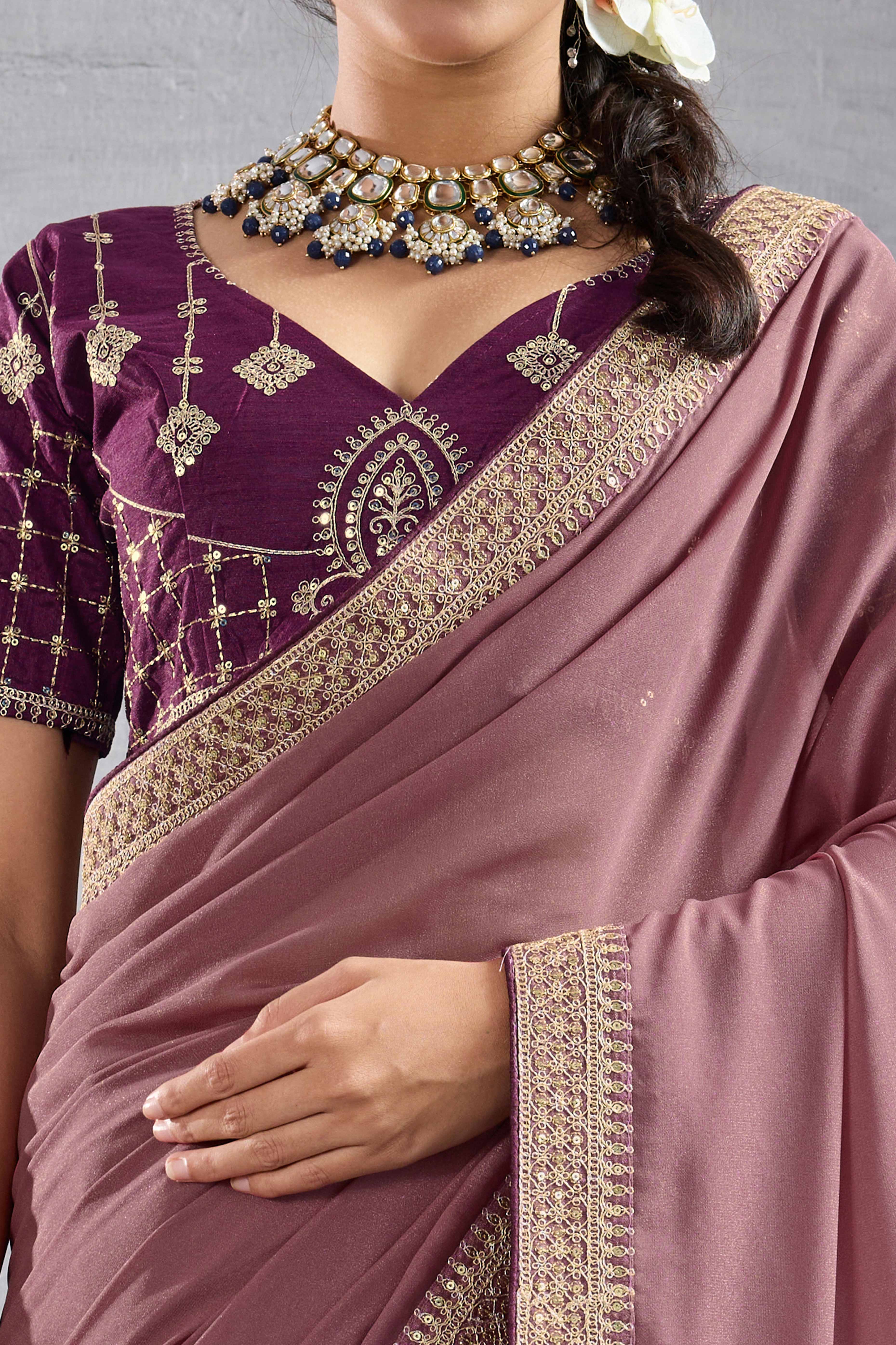 Onion Pink Solid Saree In Georgette With Zari & Sequins Embroidery Border