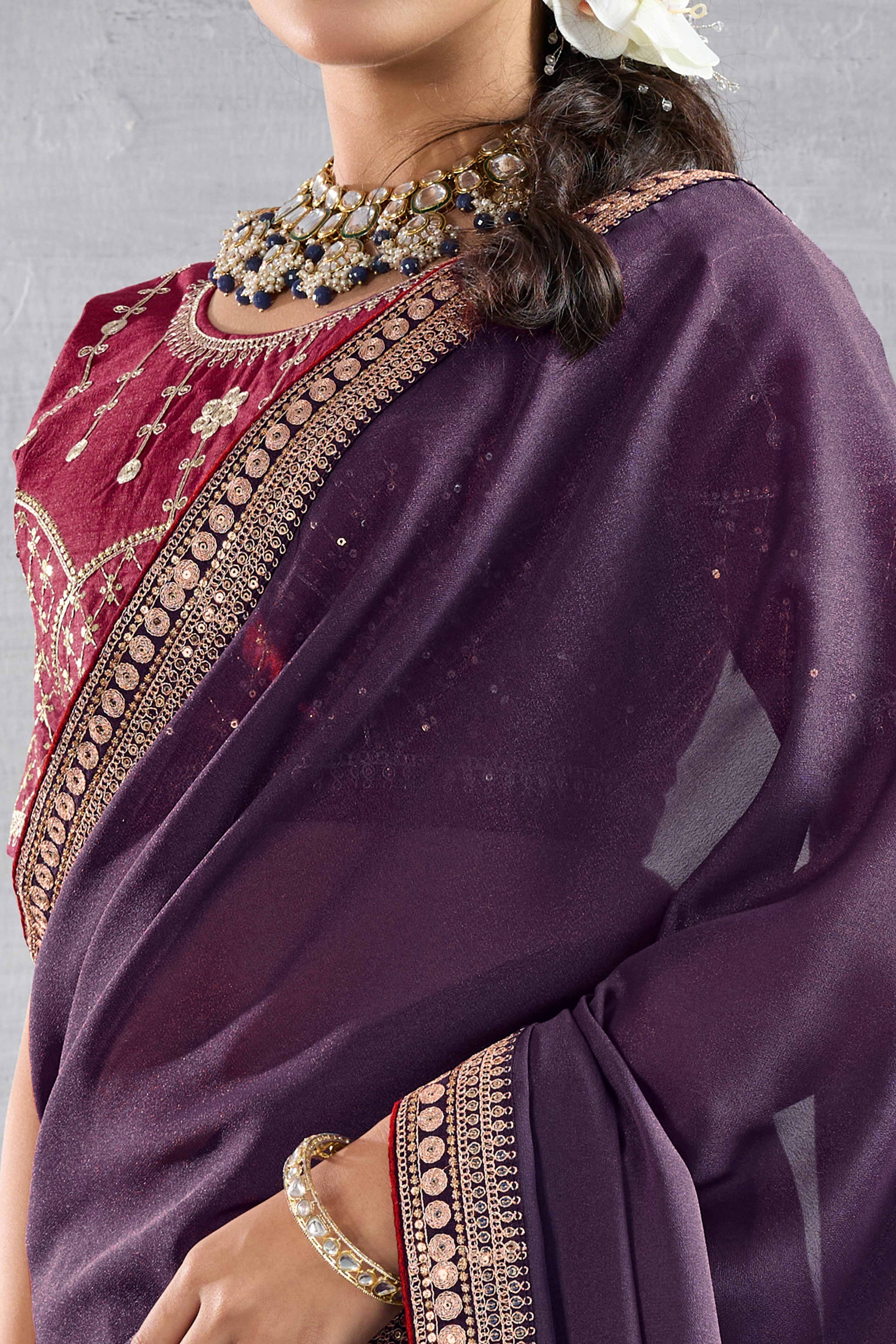 Purple Solid Saree In Georgette With Zari & Sequins Embroidery Border