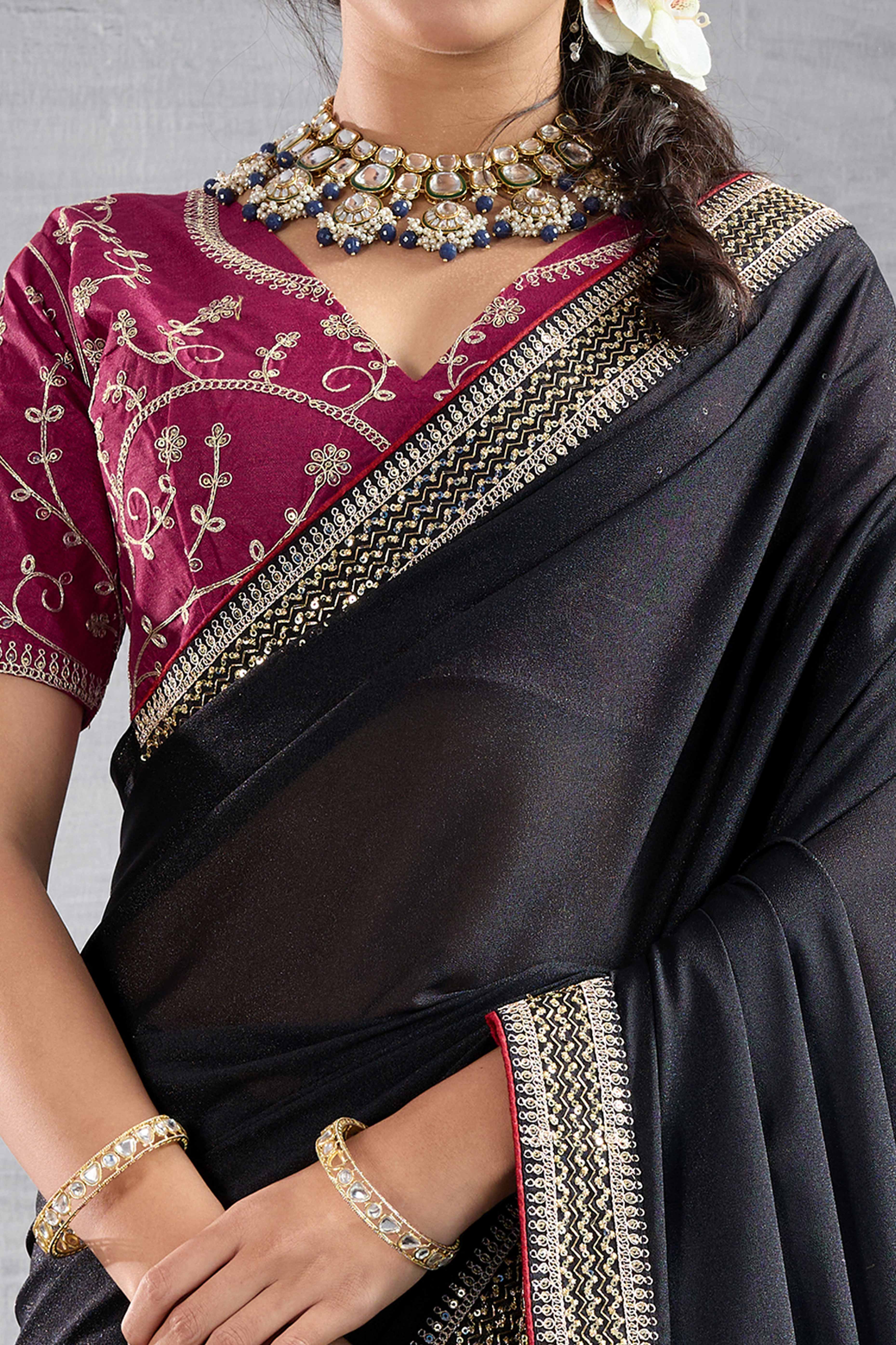 Black Solid Saree In Georgette With Zari & Sequins Embroidery Border