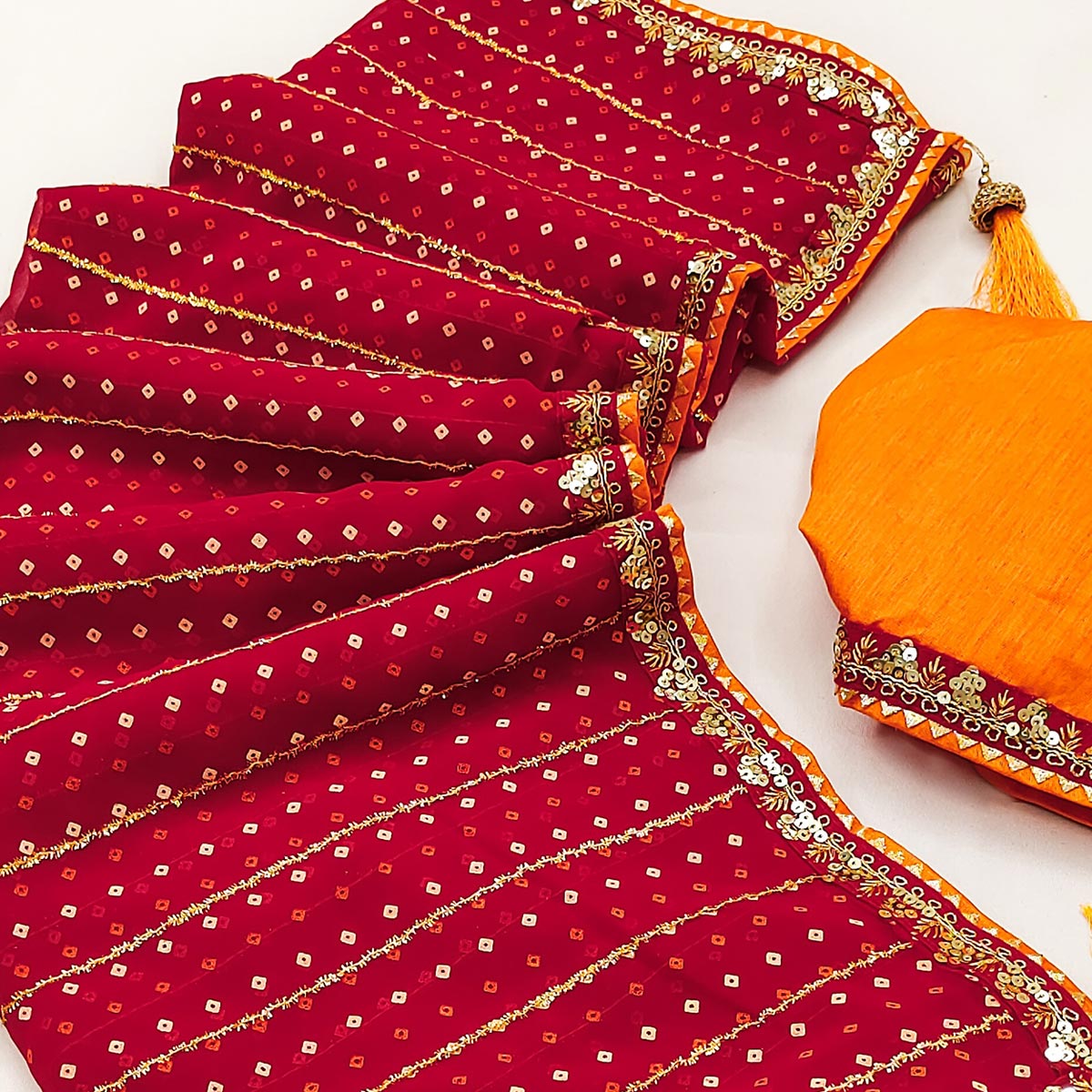 Charming Red Bandhani Printed Georgette Saree With Glittering Sequins & Zari Border