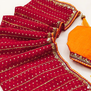 Charming Red Bandhani Printed Georgette Saree With Glittering Sequins & Zari Border
