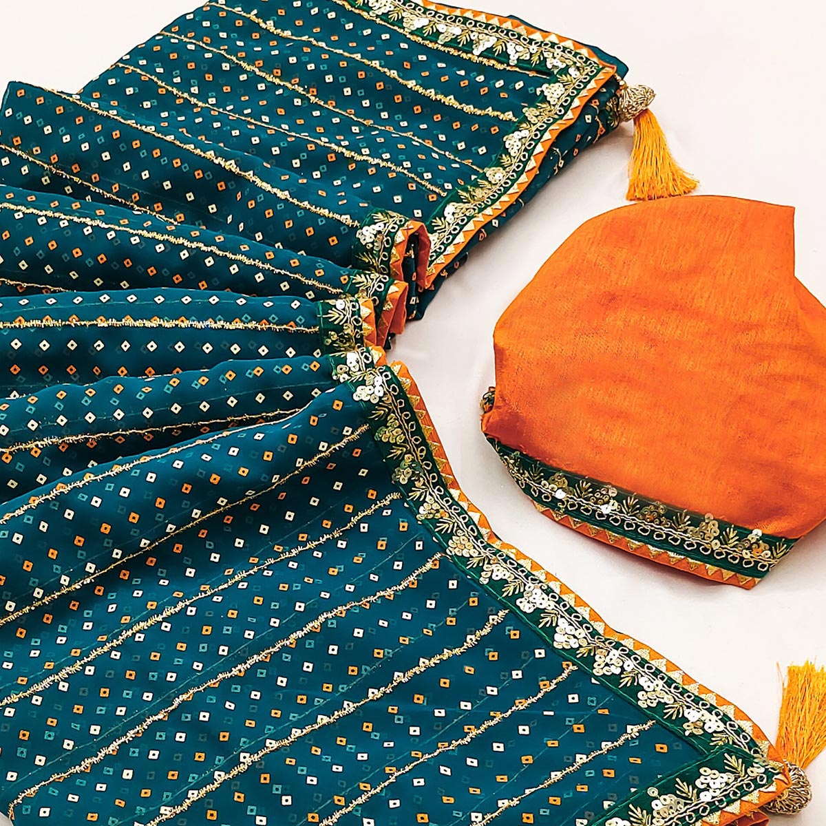 Charming Teal Bandhani Printed Georgette Saree With Glittering Sequins & Zari Border