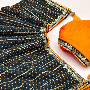 Charming Dark Teal Green Bandhani Printed Georgette Saree With Glittering Sequins & Zari Border