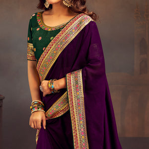 Purple Solid With Embroidered Border Vichitra Silk Saree