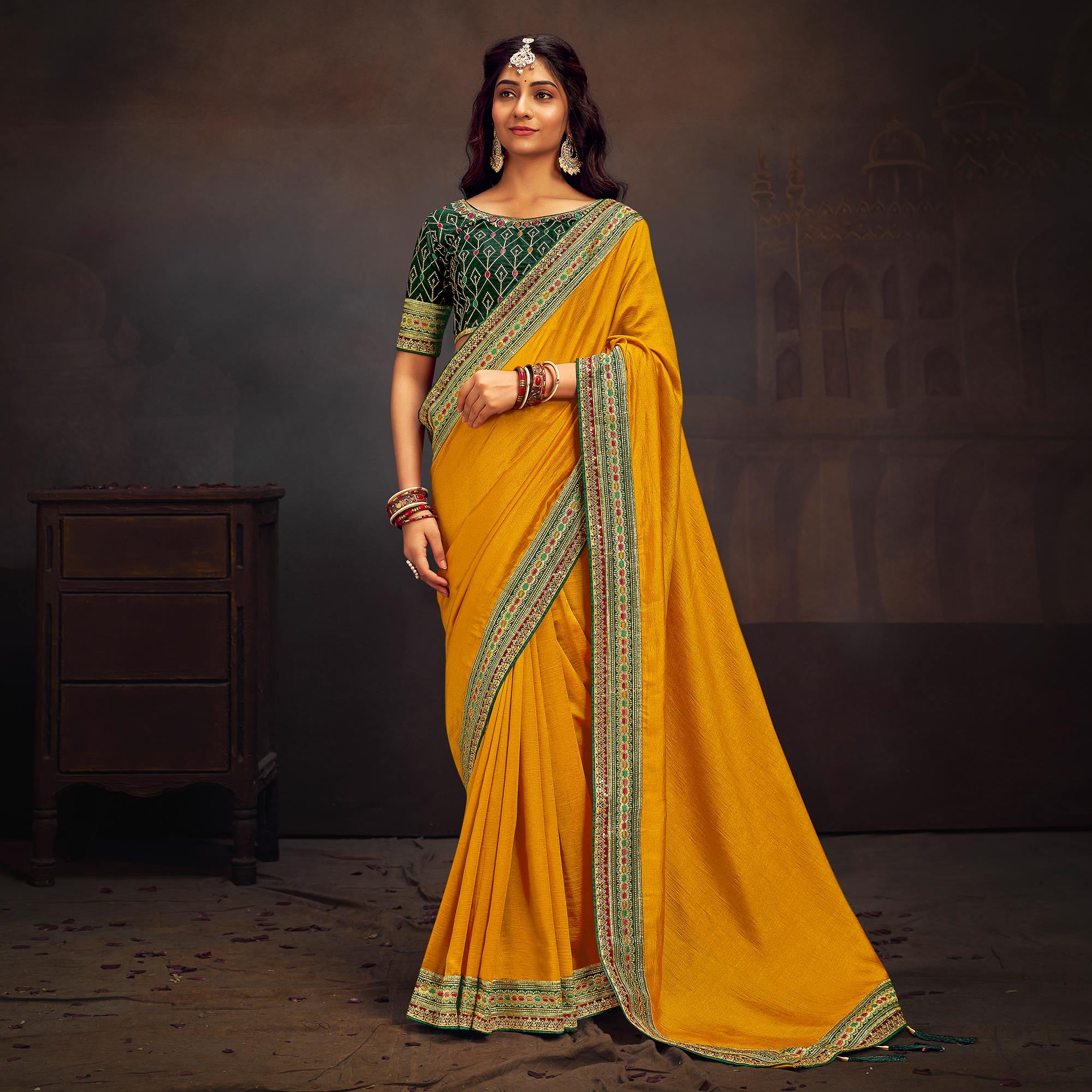 Mustard Solid With Embroidered Border Vichitra Silk Saree