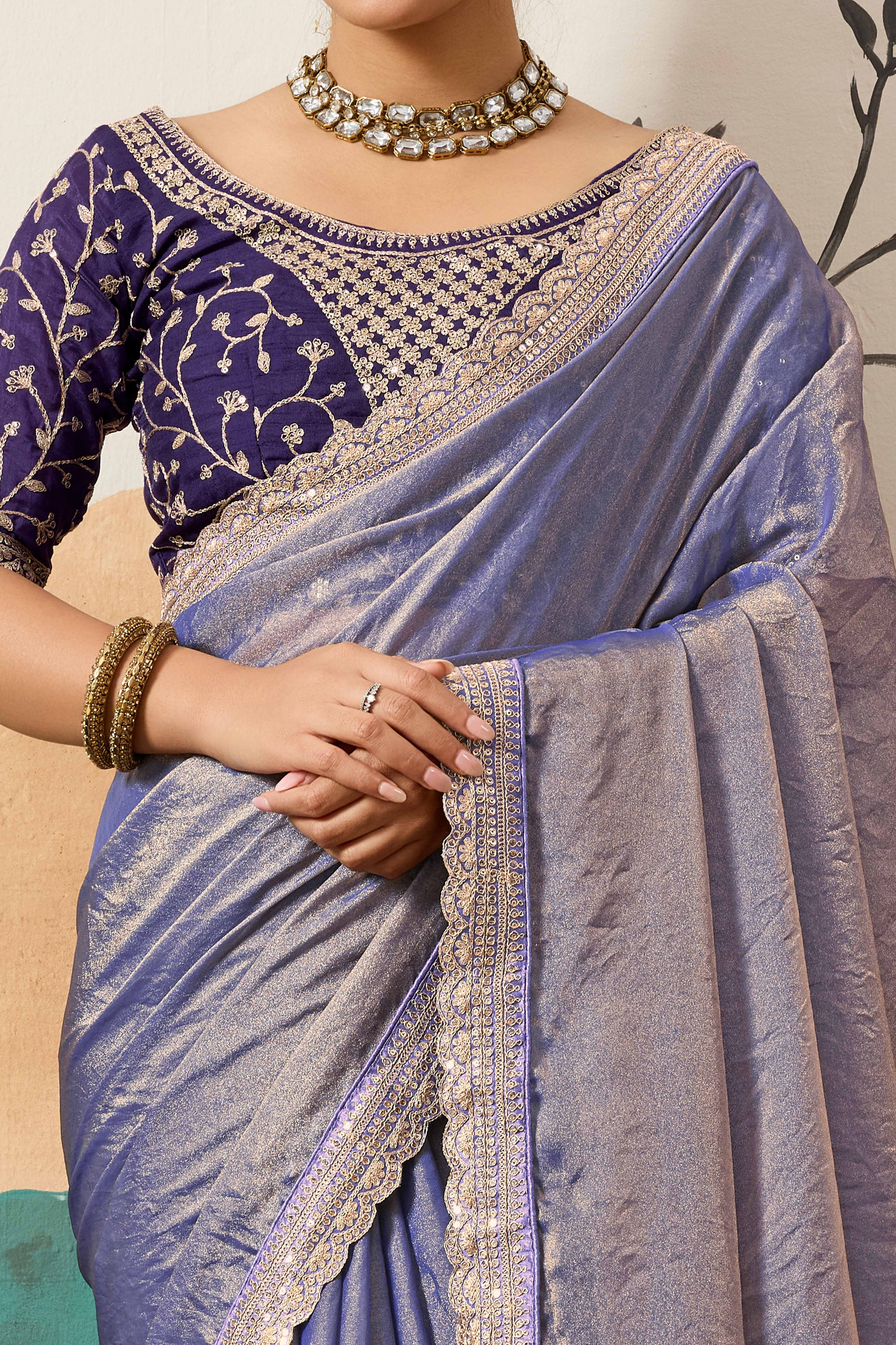 Sophisticated Lavender Solid Moss Orgnaza Saree With Intricate Cording Sequins Embroidery Border