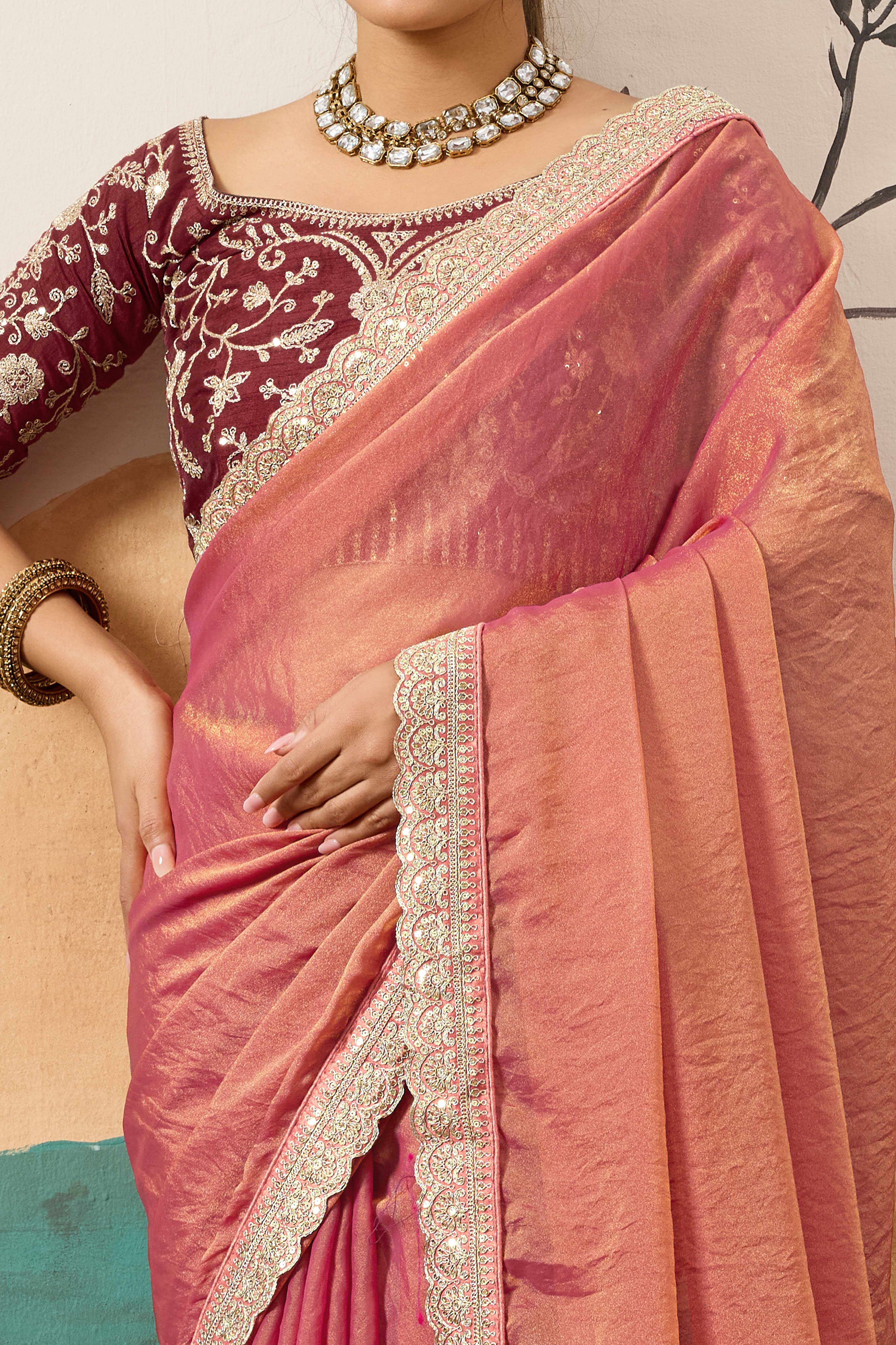 Sophisticated Gajari Pink Solid Moss Orgnaza Saree With Intricate Cording Sequins Embroidery Border