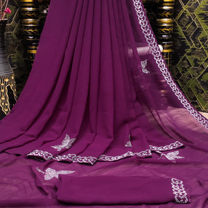 Purple Floral Swarovski Work Georgette Saree