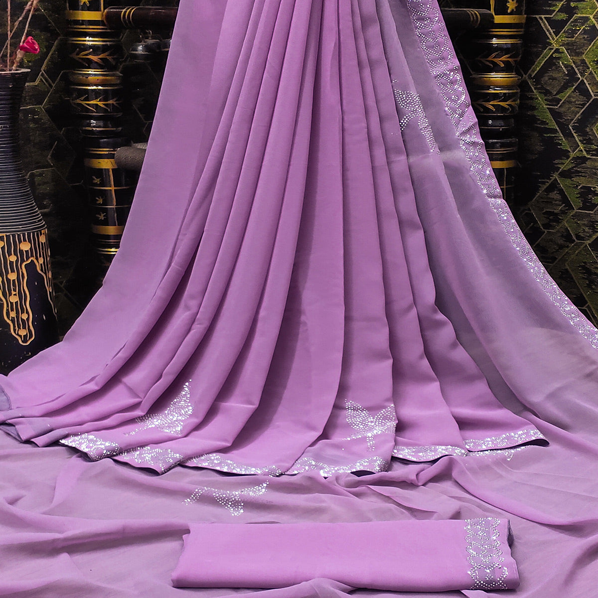 Lavender Floral Swarovski Work Georgette Saree