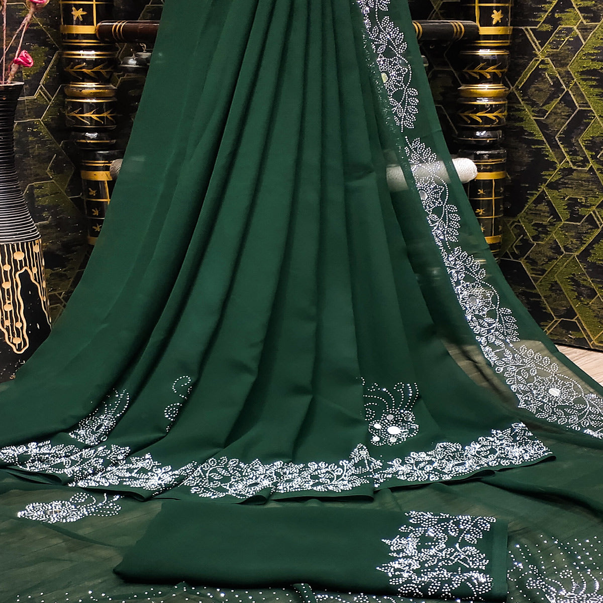 Green Swarovski With Mirror Work Georgette Saree