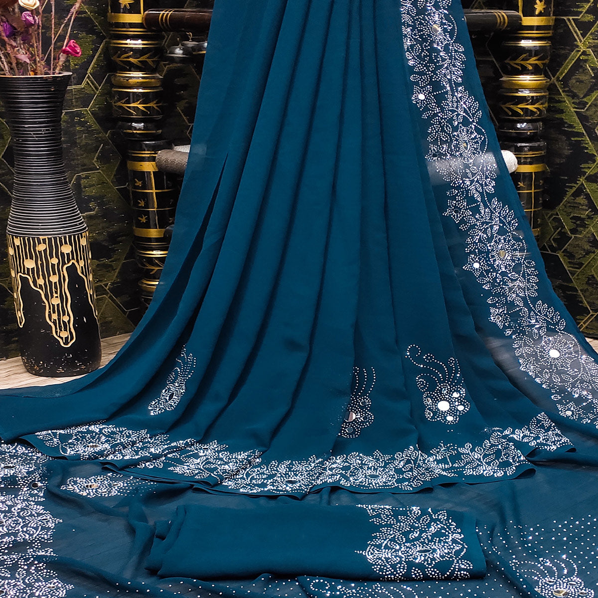 Morpich Swarovski With Mirror Work Georgette Saree