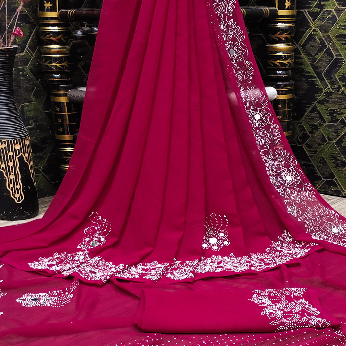Pink Swarovski With Mirror Work Georgette Saree