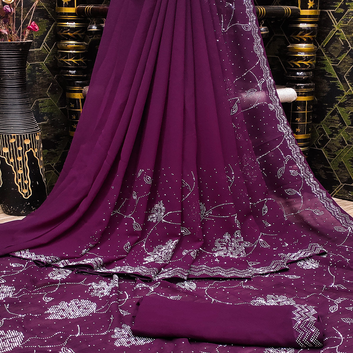 Wine Swarovski Work Georgette Saree