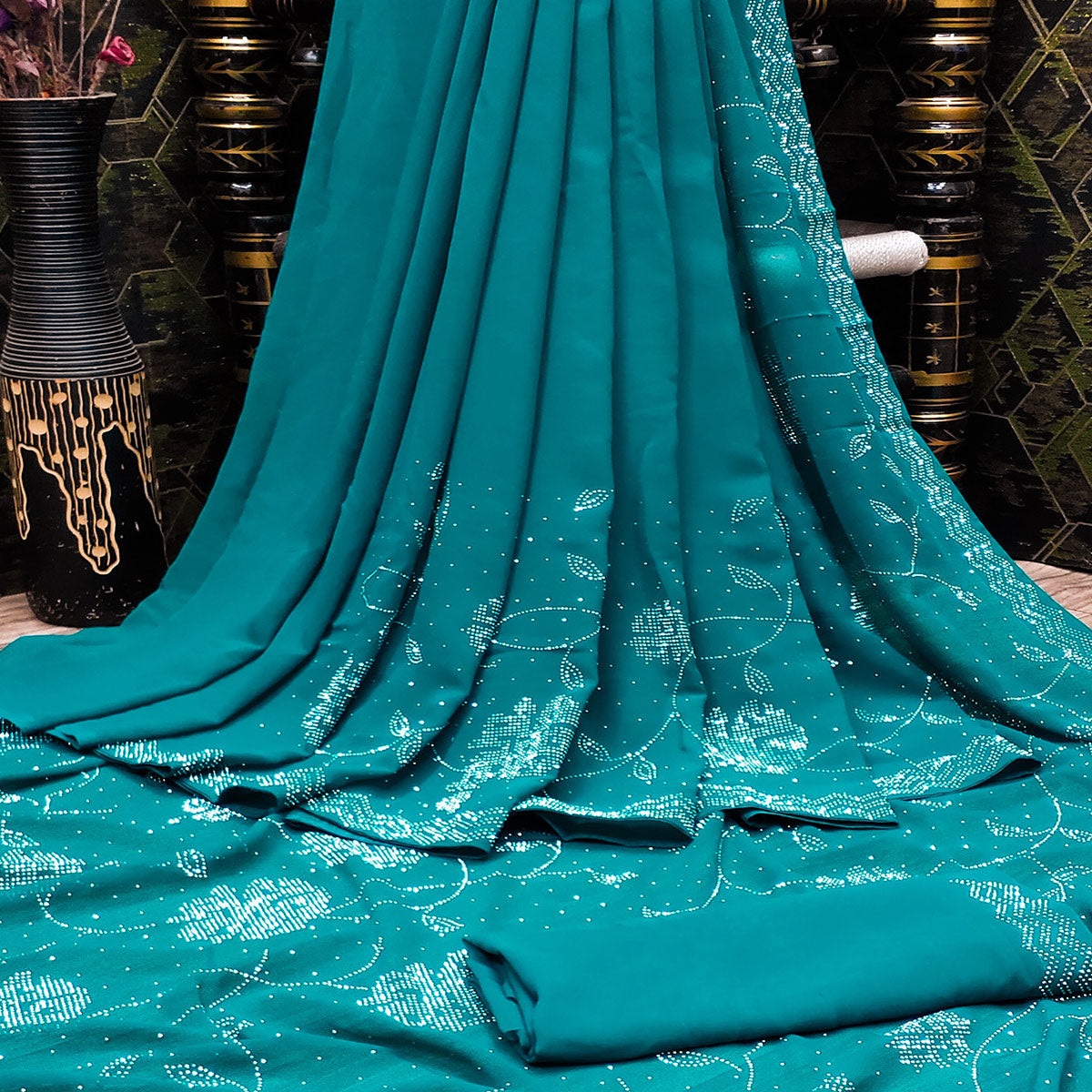 Turquoise Swarovski Work Georgette Saree