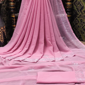Pink Swarovski Work Georgette Saree With Tassels
