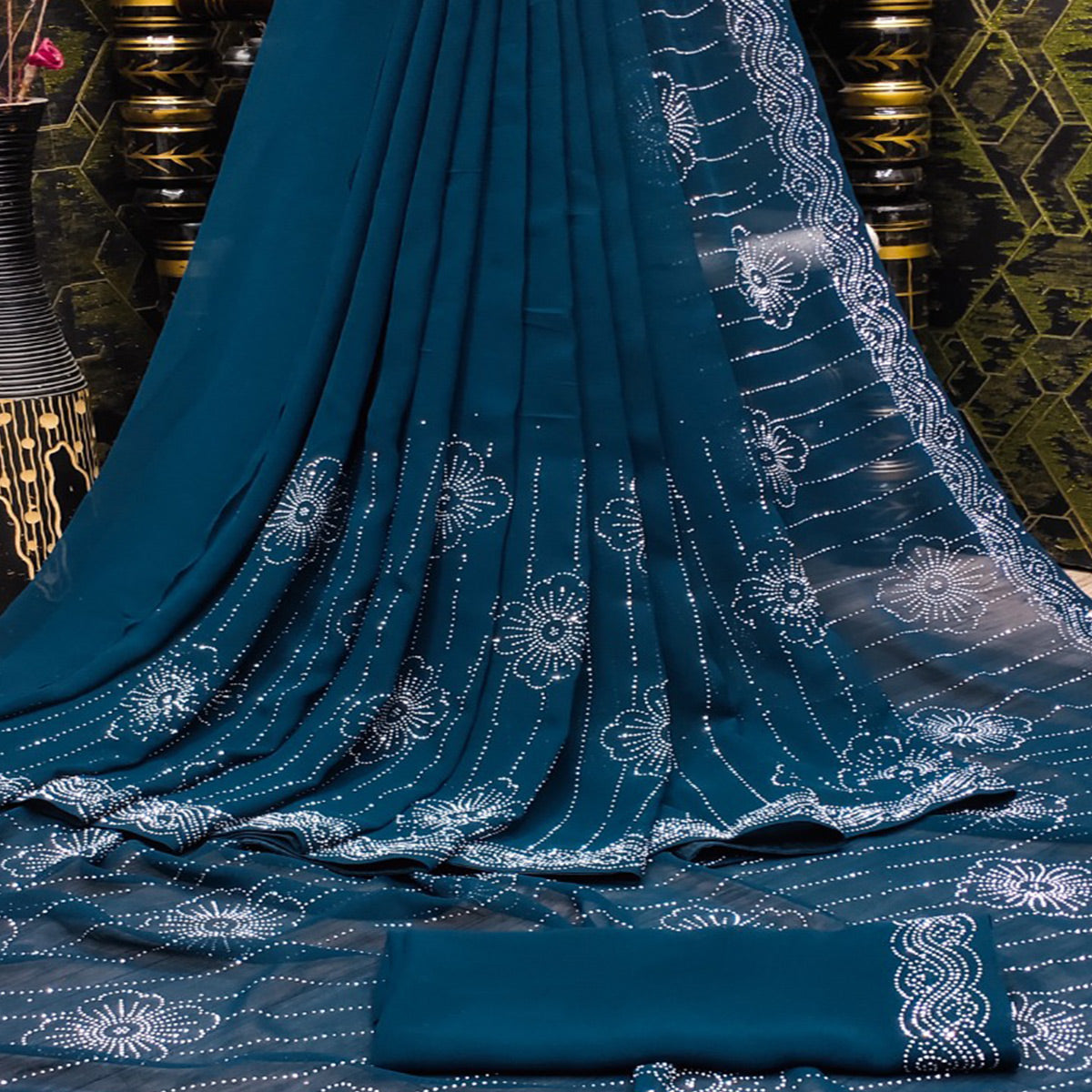 Teal Floral Swarovski Work Georgette Saree