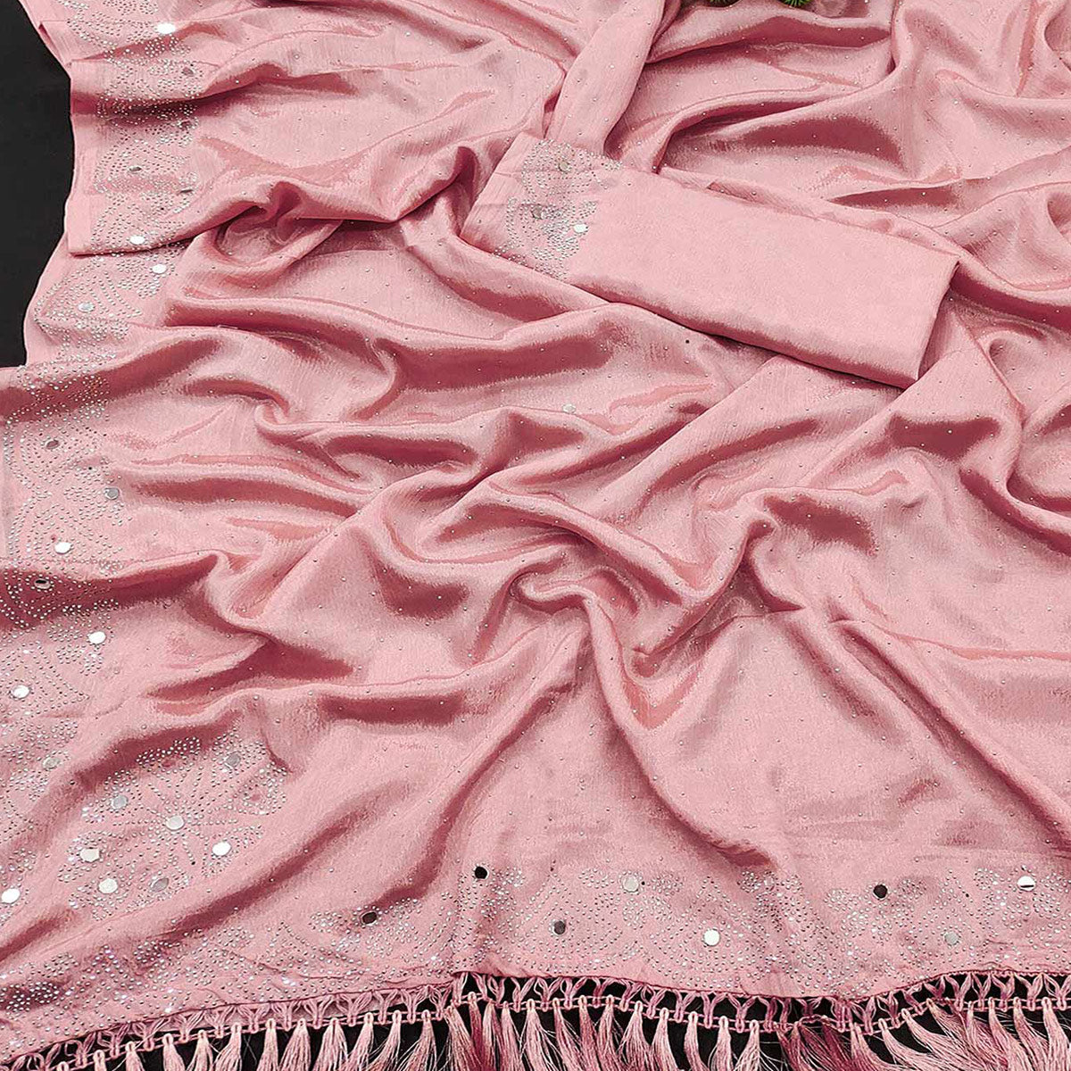 Peach Mirror With Swarovski Work Chinon Saree