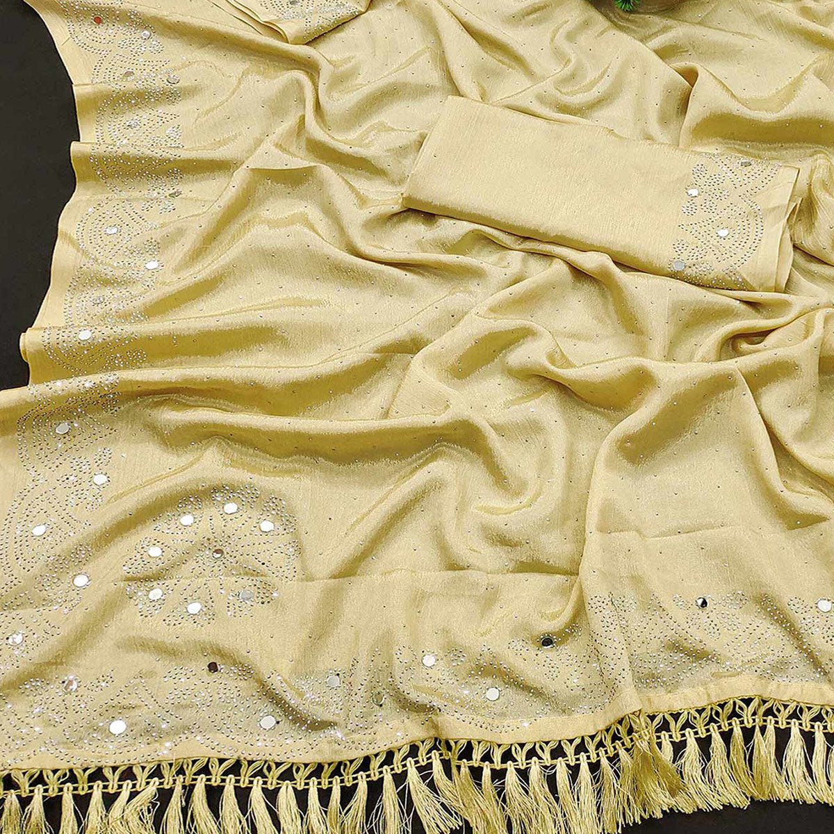 Yellow Mirror With Swarovski Work Chinon Saree