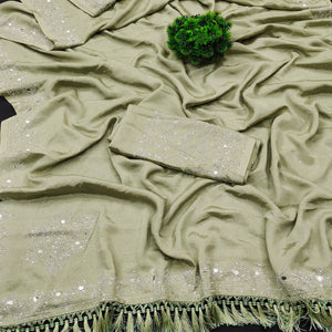 Green Mirror With Swarovski Work Chinon Saree With Tassels