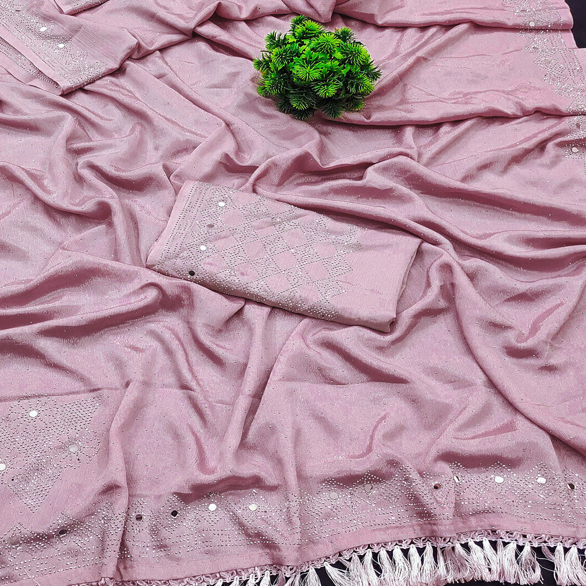 Lilac Purple Mirror With Swarovski Work Chinon Saree With Tassels