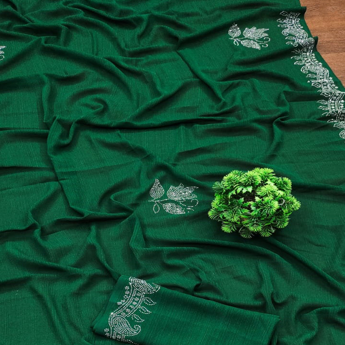 Green Floral Swarovski Work Georgette Saree With Tassels