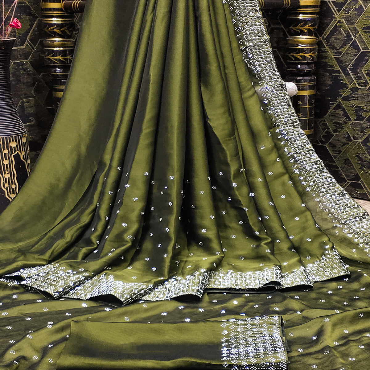 Olive Green Floral Swarovski Work Georgette Saree