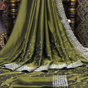 Olive Green Floral Swarovski Work Georgette Saree